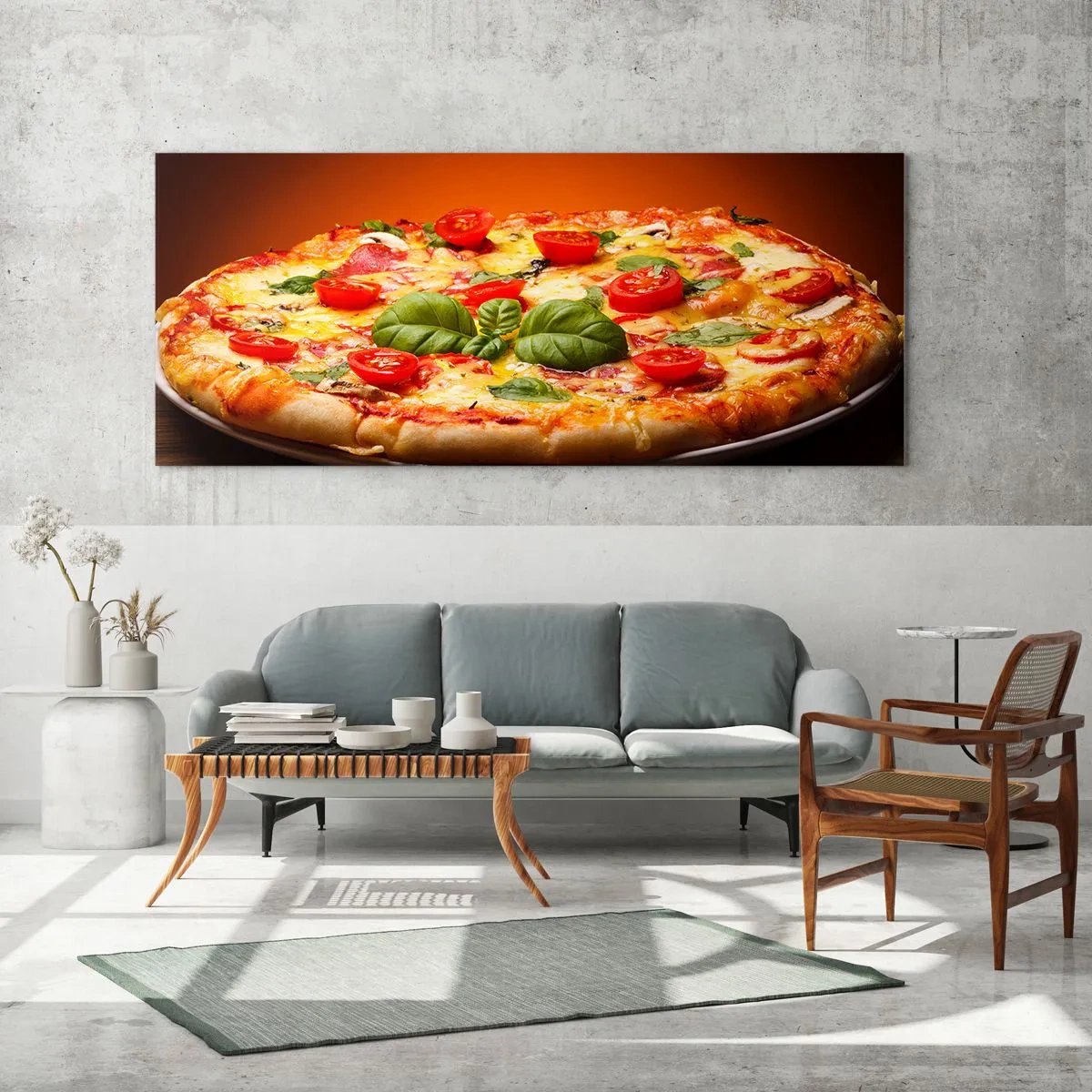 Impression sur verre - Image sur verre - Pizza aux tomates et au basilic sur une table en bois - 120x50cm - Mamma mia! - Décoration murale moderne pour le salon et la chambre ARTTOR