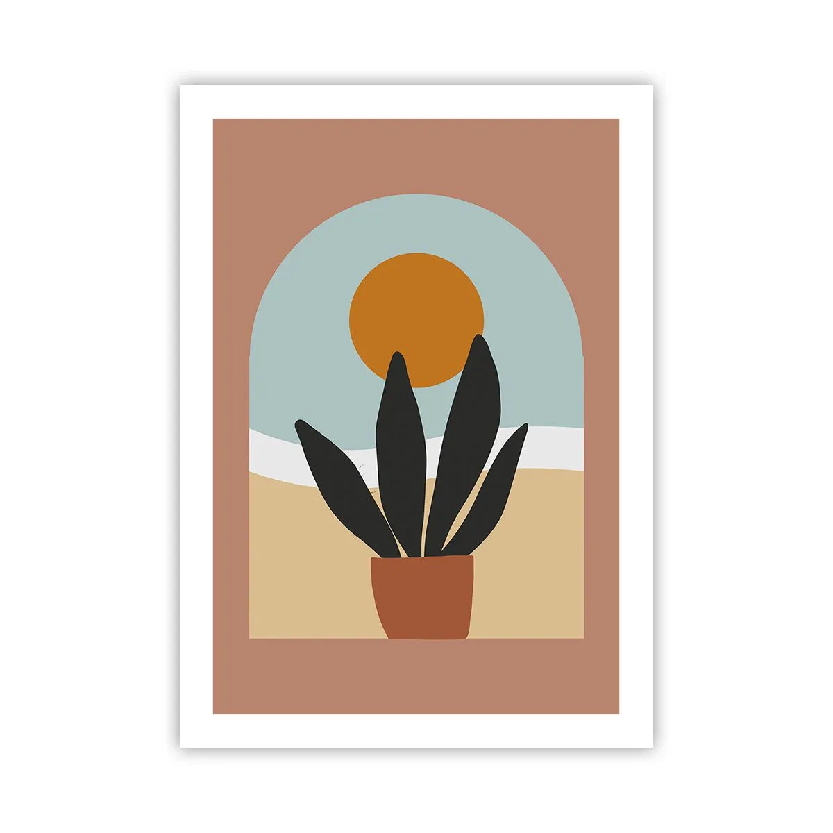 Affiche - Poster - Une plante en pot devant une arche avec un coucher de soleil en arrière-plan - 50x70cm - Petits bonheurs - Décoration murale moderne pour le salon et la chambre ARTTOR