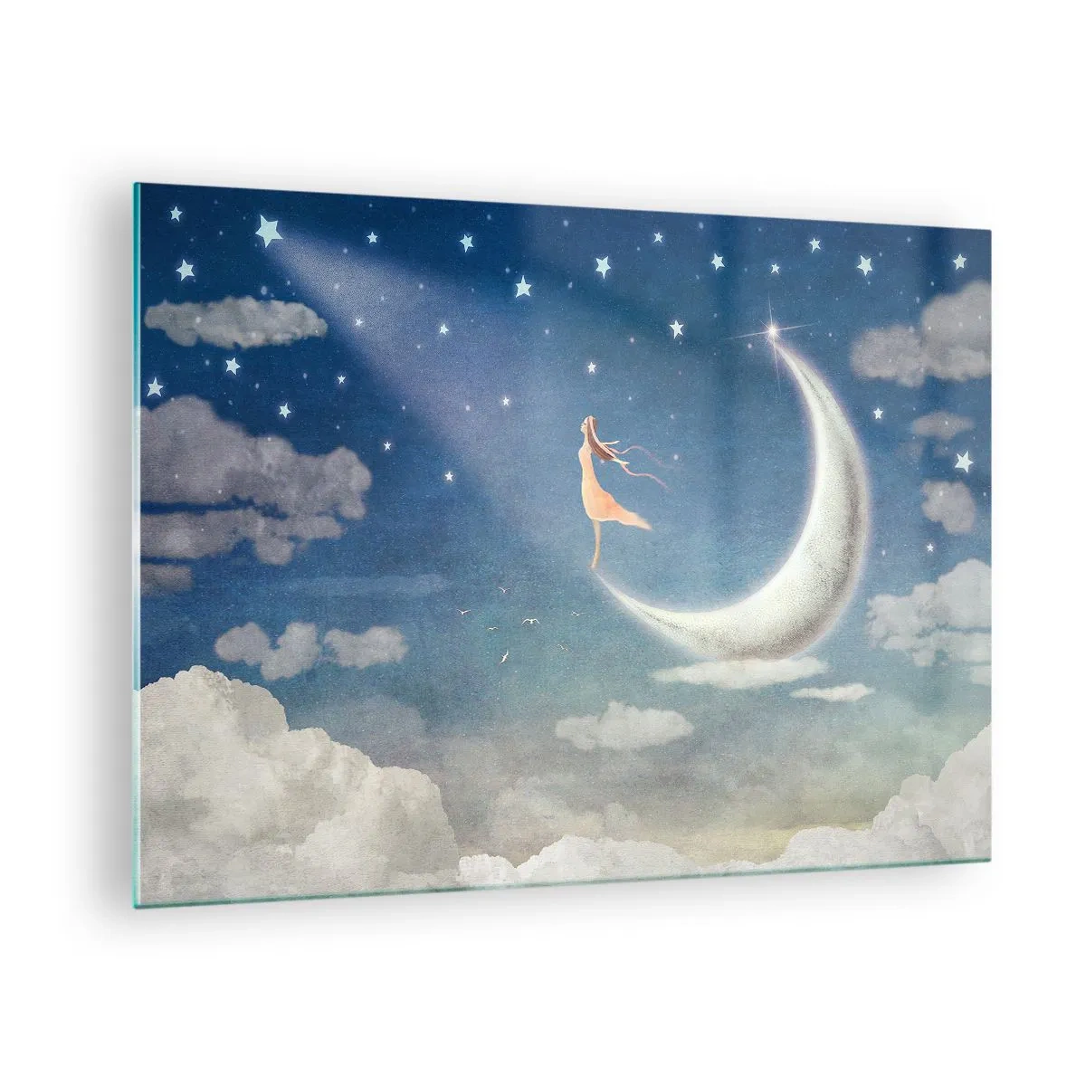 Impression sur verre - Image sur verre - Une femme dans une robe fluide debout sur la lune dans un ciel étoilé. - 70x50cm - Valise bleue - Décoration murale moderne pour le salon et la chambre ARTTOR