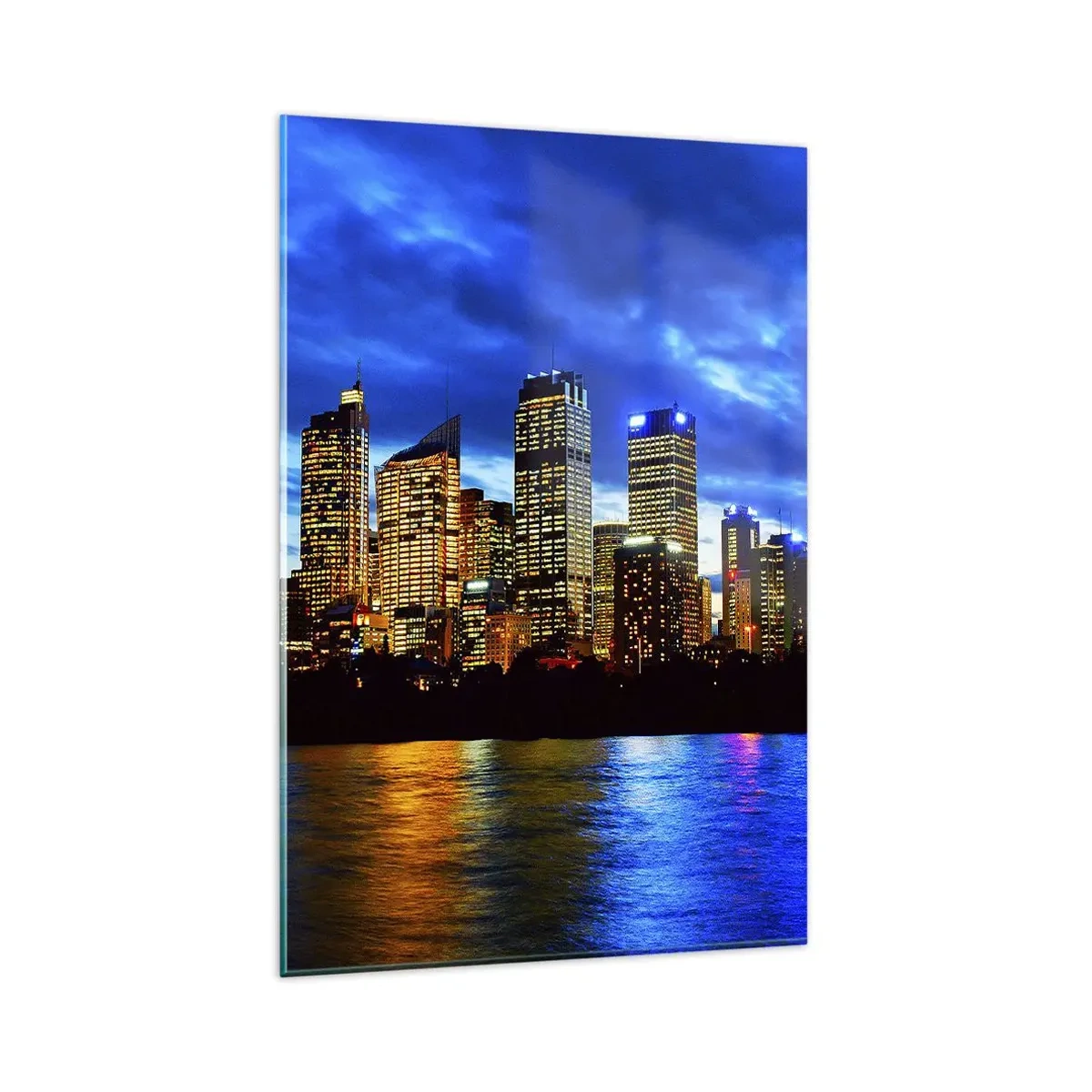Impression sur verre - Image sur verre - Panorama de la ville nocturne avec des gratte-ciel illuminés au-dessus de l'eau - 80x120cm - Une nuit de lumières et de couleurs - Décoration murale moderne pour le salon et la chambre ARTTOR
