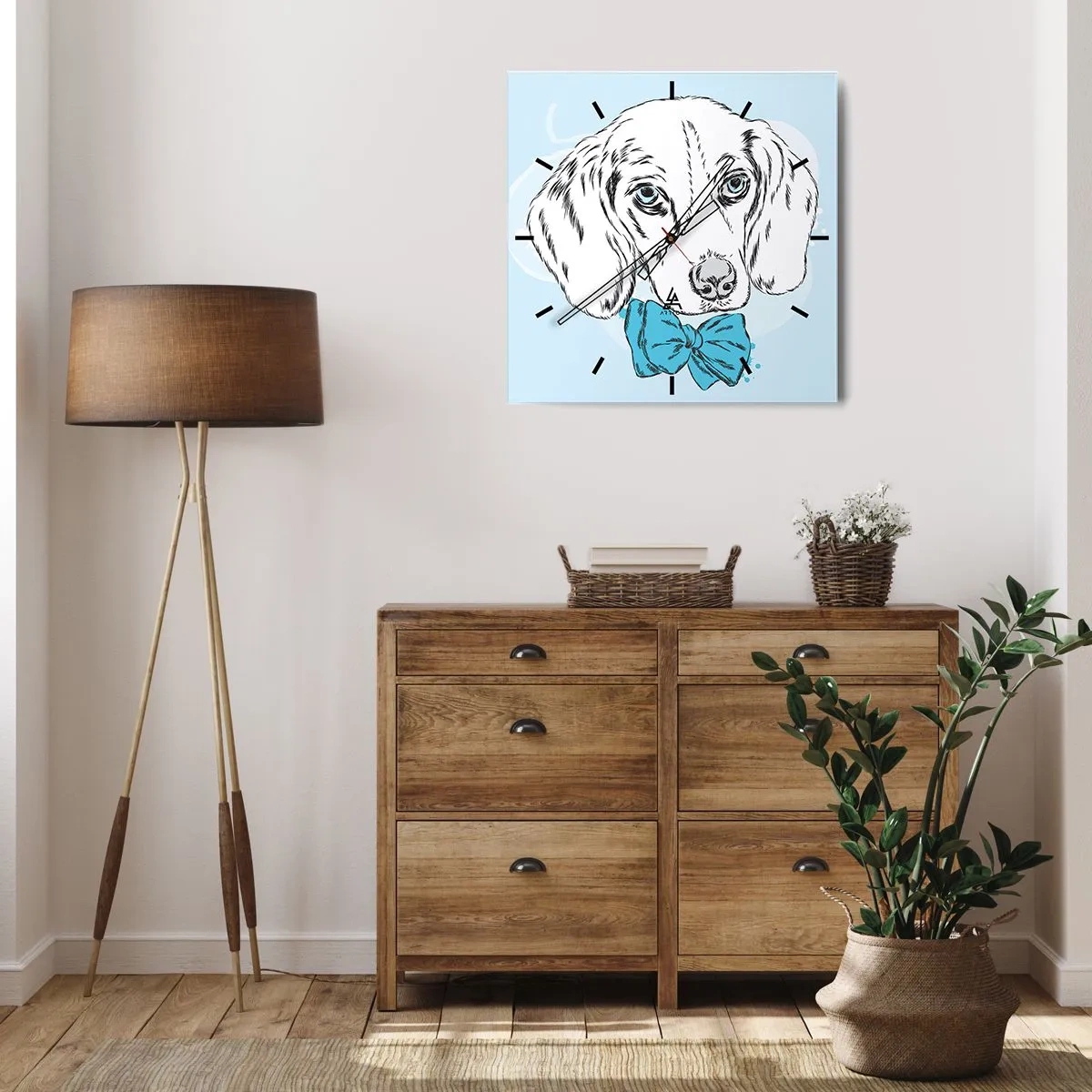 Horloge murale - Pendule murale - Adorable graphique d'un chien avec un nœud papillon sur un fond pastel - 30x30cm - L'élégance du chien - Décoration murale moderne pour le salon et la chambre ARTTOR
