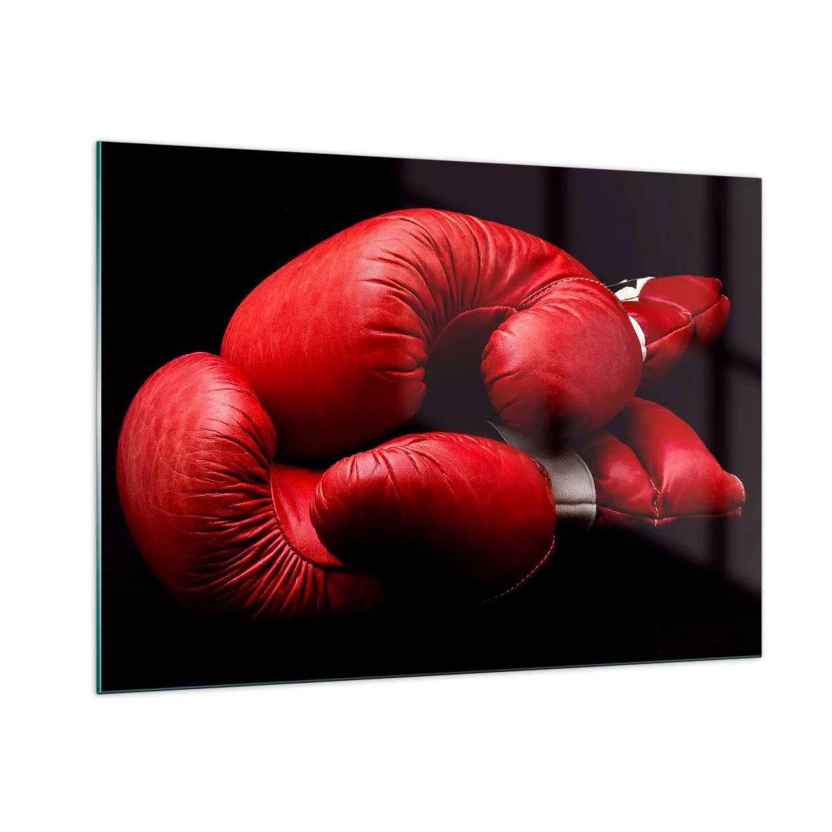 Impression sur verre - Image sur verre - Gants de boxe rouges sur fond noir - 100x70cm - Les émotions du combat sont derrière nous - Décoration murale moderne pour le salon et la chambre ARTTOR