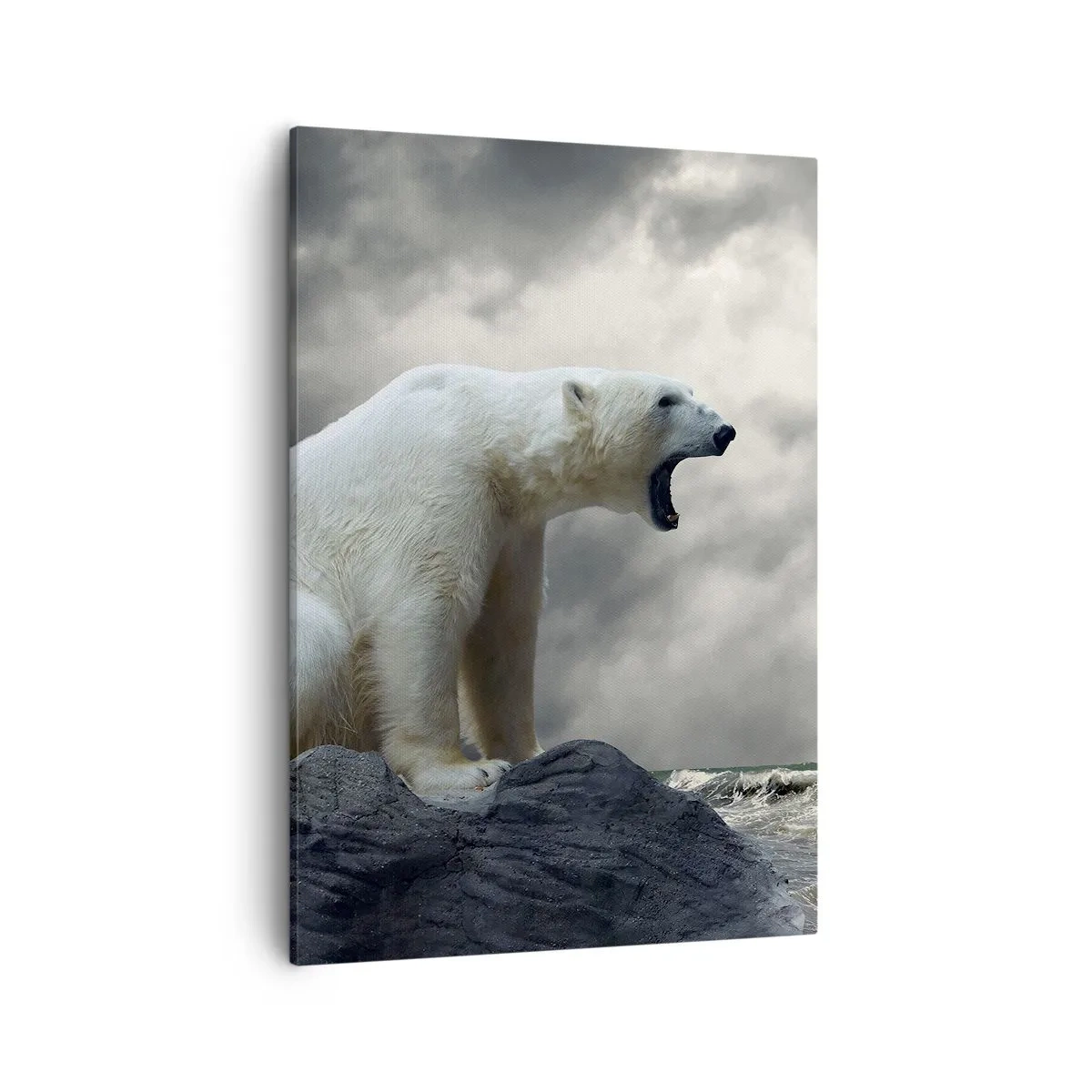 Impression sur toile - Image sur toile - Un ours polaire sur les rochers au-dessus d'une mer agitée - 50x70cm - Roi solitaire de l'Arctique - Décoration murale moderne pour le salon et la chambre ARTTOR