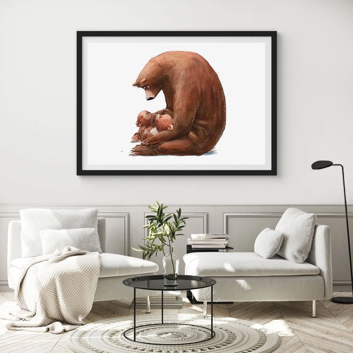 Affiche dans un cadre noir - Poster - Une mère ours avec deux petits ours dans ses bras - 100x70cm - Faites de beaux rêves les enfants - Décoration murale moderne pour le salon et la chambre ARTTOR