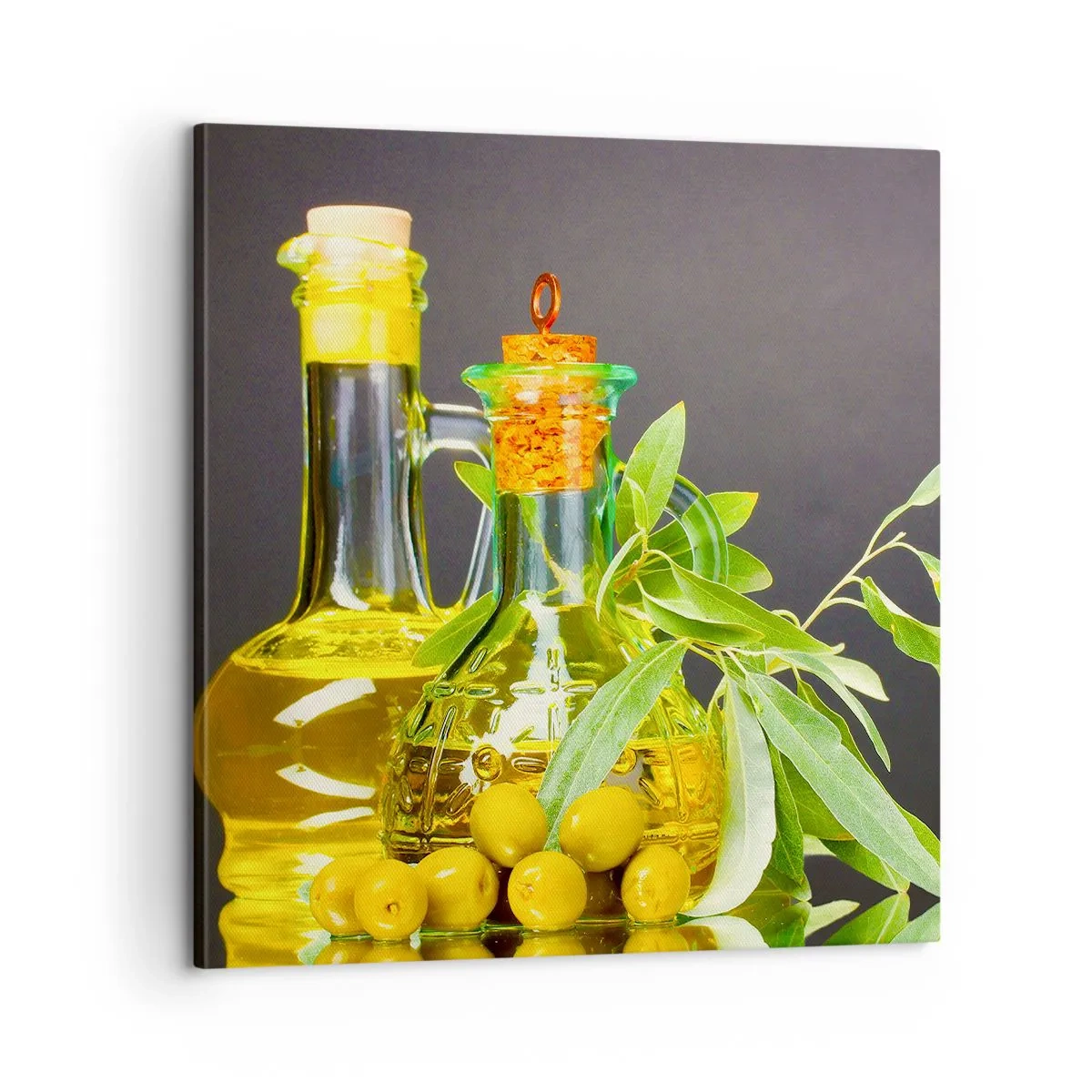 Impression sur toile - Image sur toile - Nature morte aux olives et à l'huile d'olive - 60x60 cm