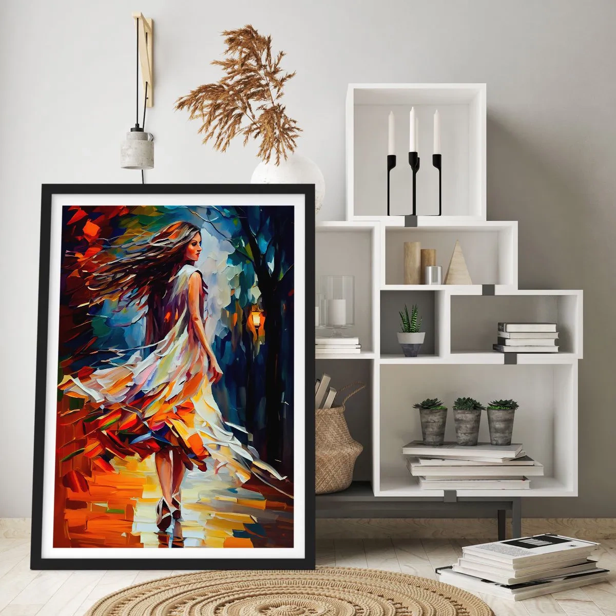 Affiche dans un cadre noir - Poster - Une femme dansant parmi les feuilles d'automne colorées - 50x70cm - La fille d'automne - Décoration murale moderne pour le salon et la chambre ARTTOR