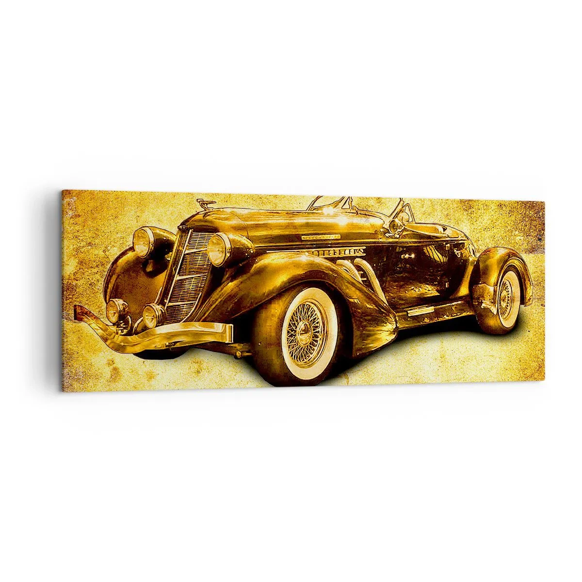 Impression sur toile - Image sur toile - Un cabriolet rétro doré classique sur un fond vintage aux couleurs chaudes. - 140x50cm - L'élite de l'élite - Décoration murale moderne pour le salon et la chambre ARTTOR