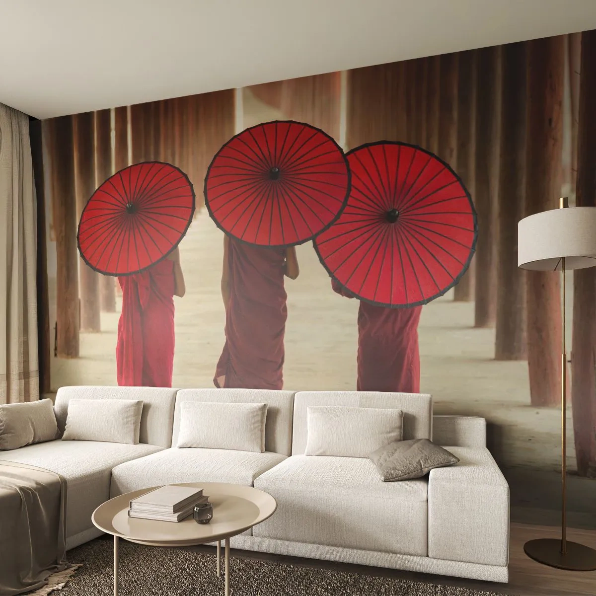 Papier Peint Photo Premium Canvas - Trois moines avec des parapluies rouges dans l'architecture traditionnelle - 100x70cm - Sur la route du pays pure - Décoration murale moderne pour le salon et la chambre ARTTOR