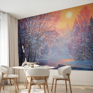 Papier Peint Photo Premium Canvas - Paysage d'hiver avec rivière et arbres au lever du soleil - 100x70cm - Couleurs d'hiver - Décoration murale moderne pour le salon et la chambre ARTTOR