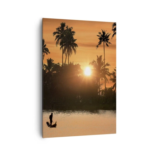 Impression sur toile - Image sur toile - Coucher de soleil sur les palmiers et un lac calme avec un bateau - 70x100cm - Il est temps de se détendre - Décoration murale moderne pour le salon et la chambre ARTTOR