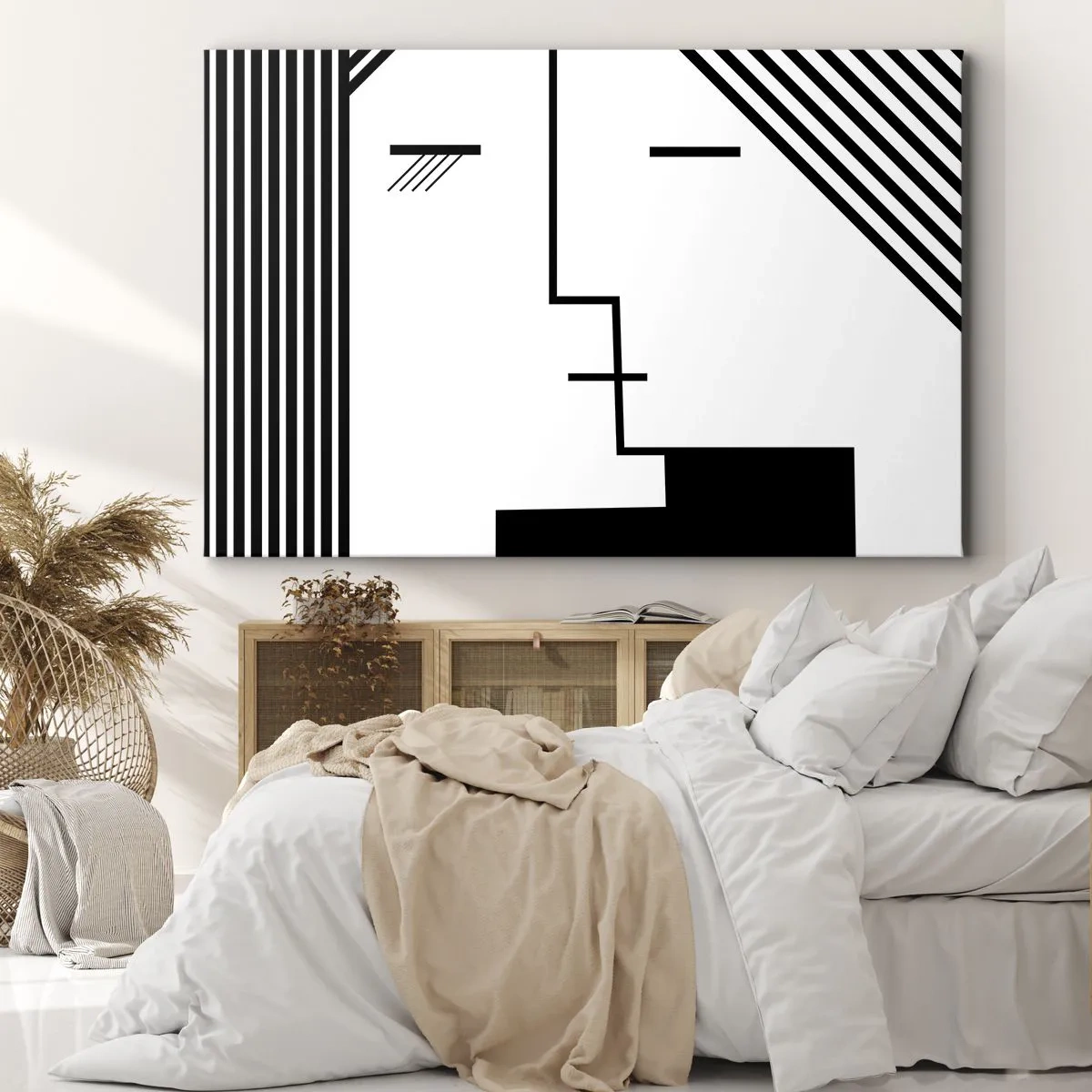 Impression sur toile - Image sur toile - Abstraction géométrique d'un baiser en noir et blanc - 100x70cm - Juste un baiser - Décoration murale moderne pour le salon et la chambre ARTTOR