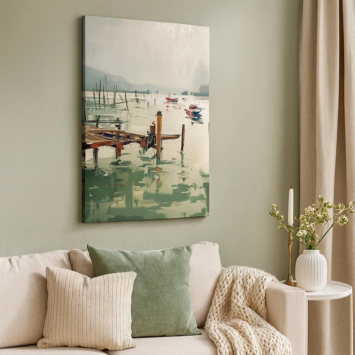 Impression sur toile - Image sur toile - Un port pittoresque avec des bateaux sur une eau calme - 50x70cm - Trempé dans une lune en fusion - Décoration murale moderne pour le salon et la chambre ARTTOR