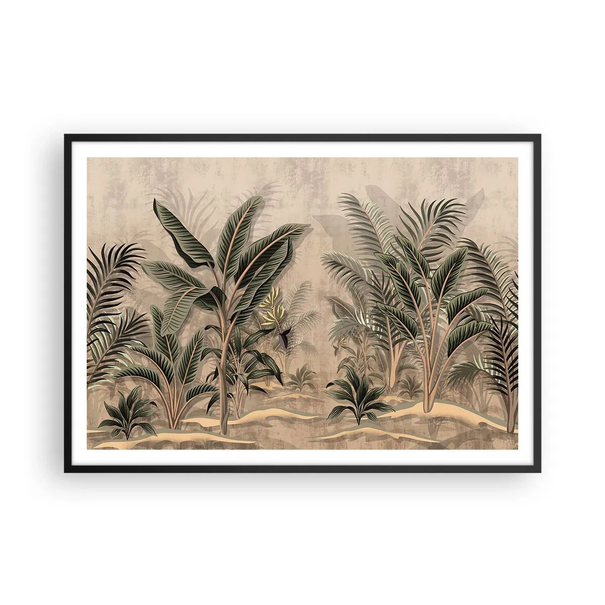 Affiche dans un cadre noir - Poster - Palmiers et végétation tropicale dans des tons verts sur fond beige - 100x70cm - Une gravure de style colonial - Décoration murale moderne pour le salon et la chambre ARTTOR