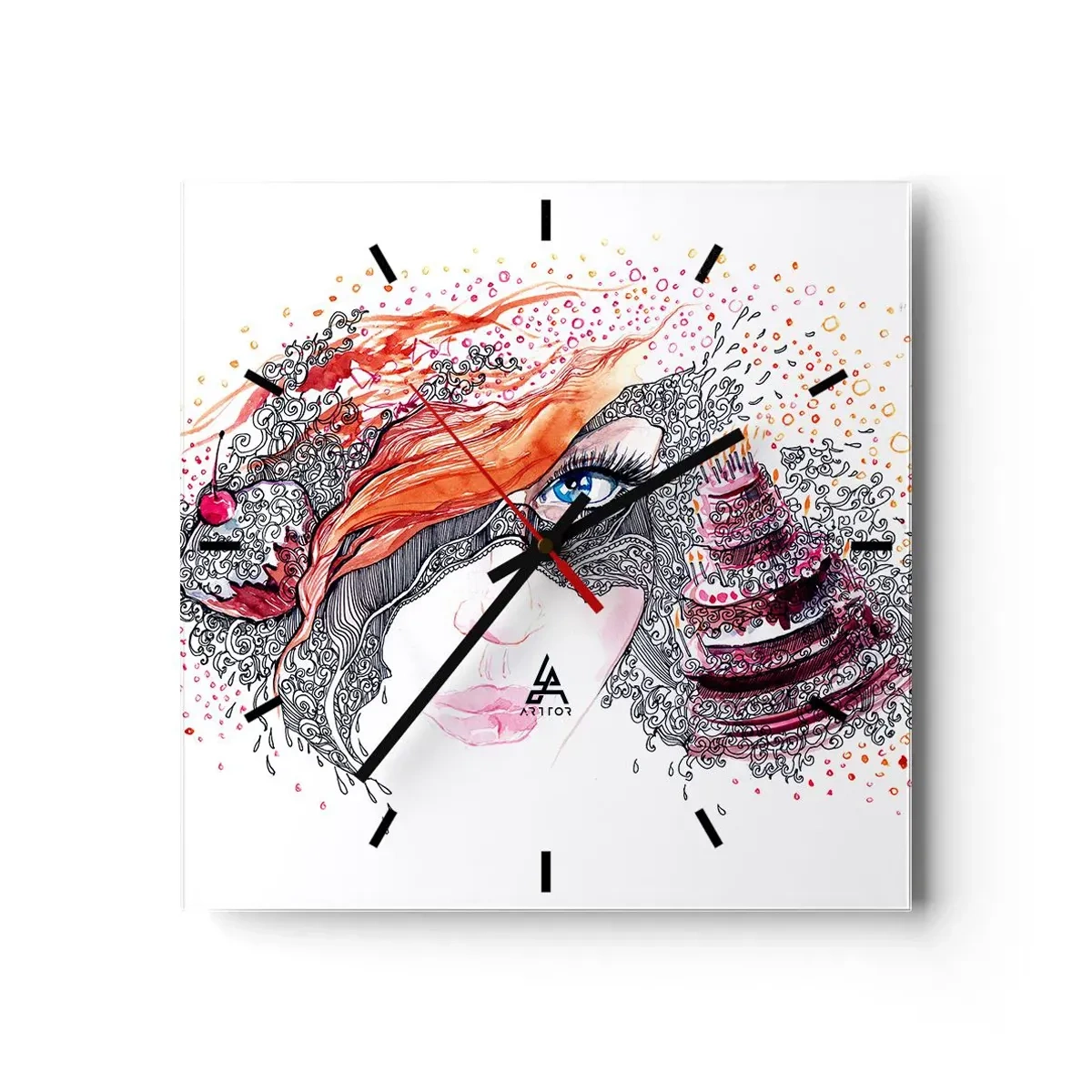 Horloge murale - Pendule murale - Portrait artistique d'une femme avec des détails et un accent rouge - 30x30cm - Avec elle, c'est tous les jours la fête - Décoration murale moderne pour le salon et la chambre ARTTOR