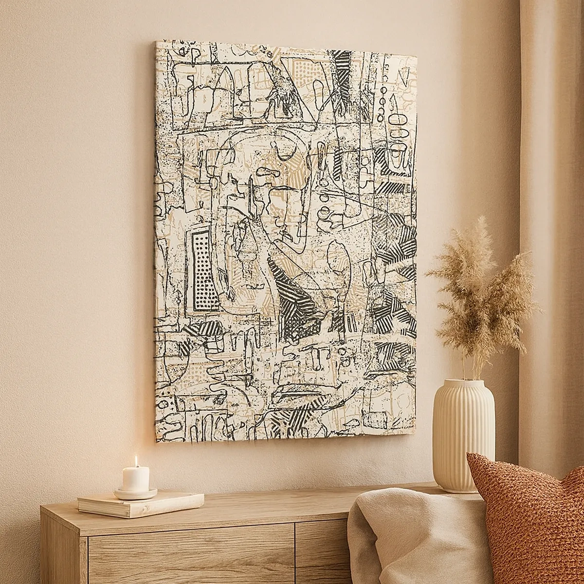 Impression sur toile - Image sur toile - Motifs abstraits et lignes sur fond beige - 50x70cm - Il attend d'être décodé - Décoration murale moderne pour le salon et la chambre ARTTOR