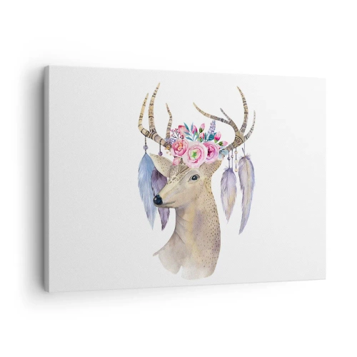 Impression sur toile - Image sur toile - Cerf romantique avec fleurs et plumes - 70x50cm - Guide de l'âme - doux, innocent - Décoration murale moderne pour le salon et la chambre ARTTOR