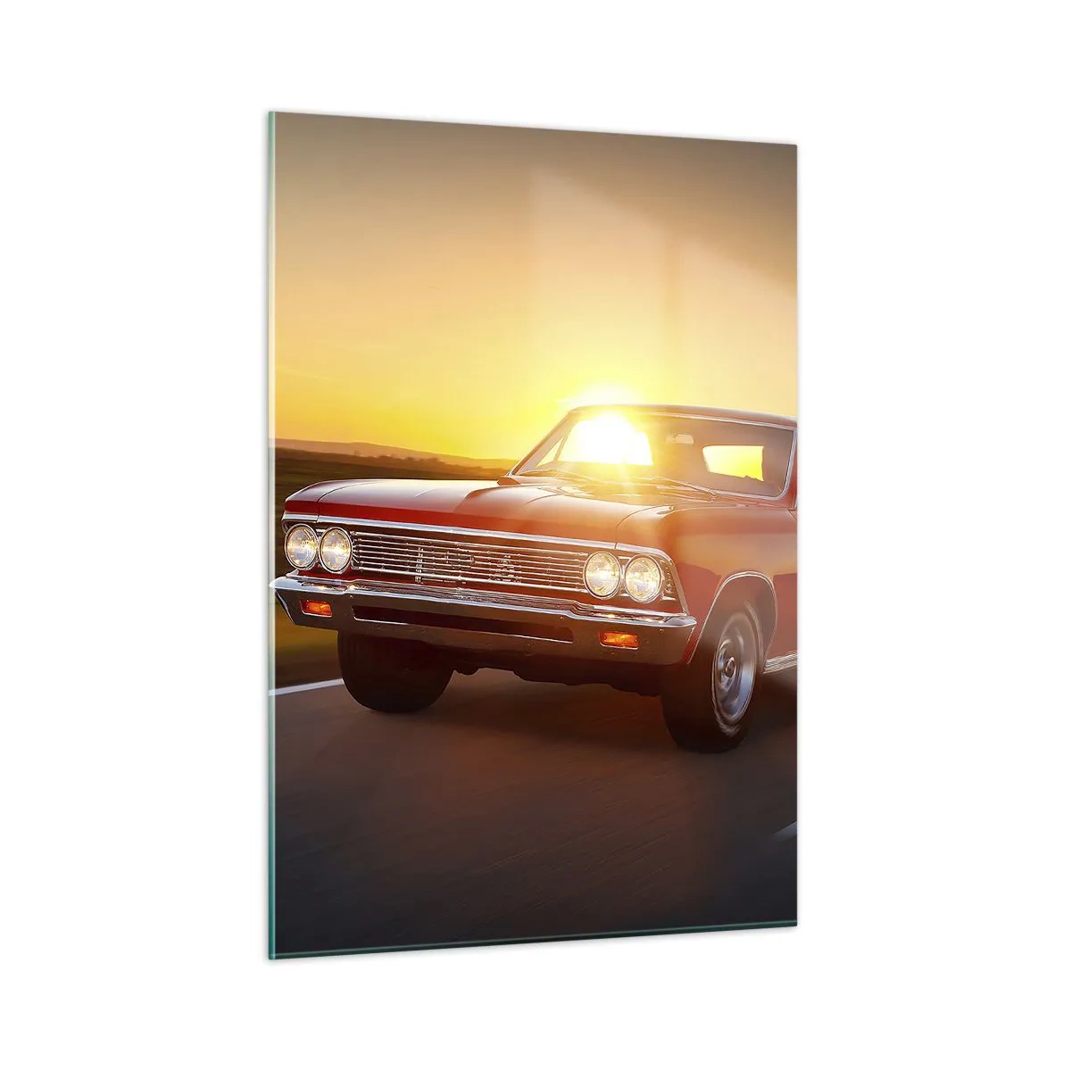 Impression sur verre - Image sur verre - Voiture classique rouge contre le soleil couchant - 50x70cm - Le désir est de couleur rouge - Décoration murale moderne pour le salon et la chambre ARTTOR