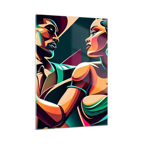 Impression sur verre - Image sur verre - Un couple coloré dansant dans un style art déco avec une expression dynamique. - 50x70cm - Au rythme du coeur - Décoration murale moderne pour le salon et la chambre ARTTOR