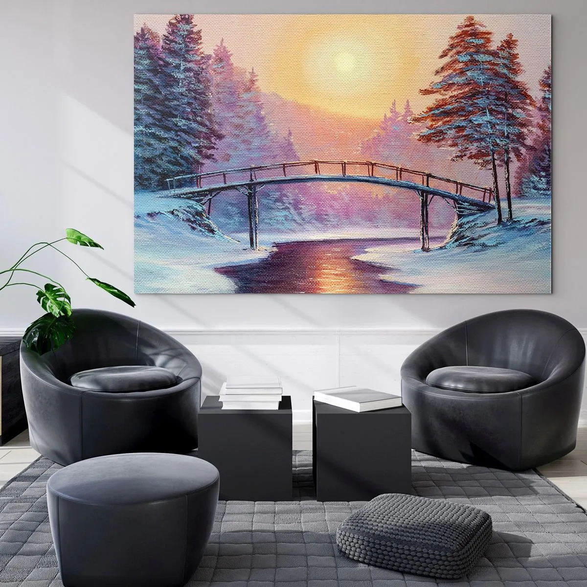Impression sur verre - Image sur verre - Paysage d'hiver avec un pont sur une rivière au coucher du soleil - 100x70cm - Quatre saisons - hiver - Décoration murale moderne pour le salon et la chambre ARTTOR