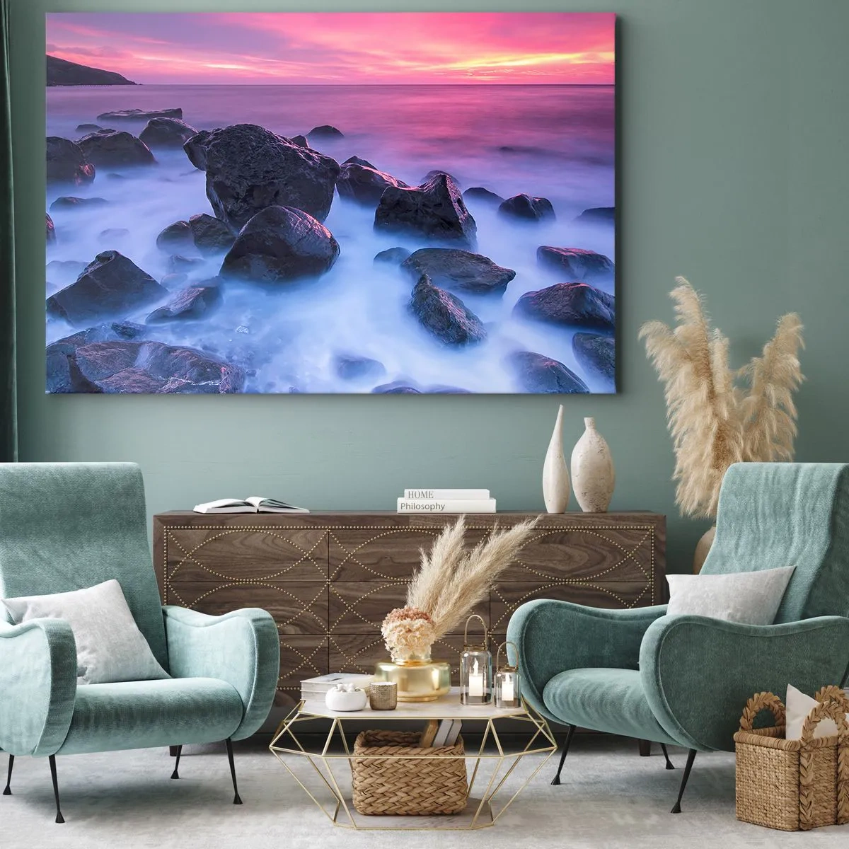 Impression sur toile - Image sur toile - Côte rocheuse au coucher du soleil - 70x50cm - Naissance dans la lumière et le brouillard - Décoration murale moderne pour le salon et la chambre ARTTOR