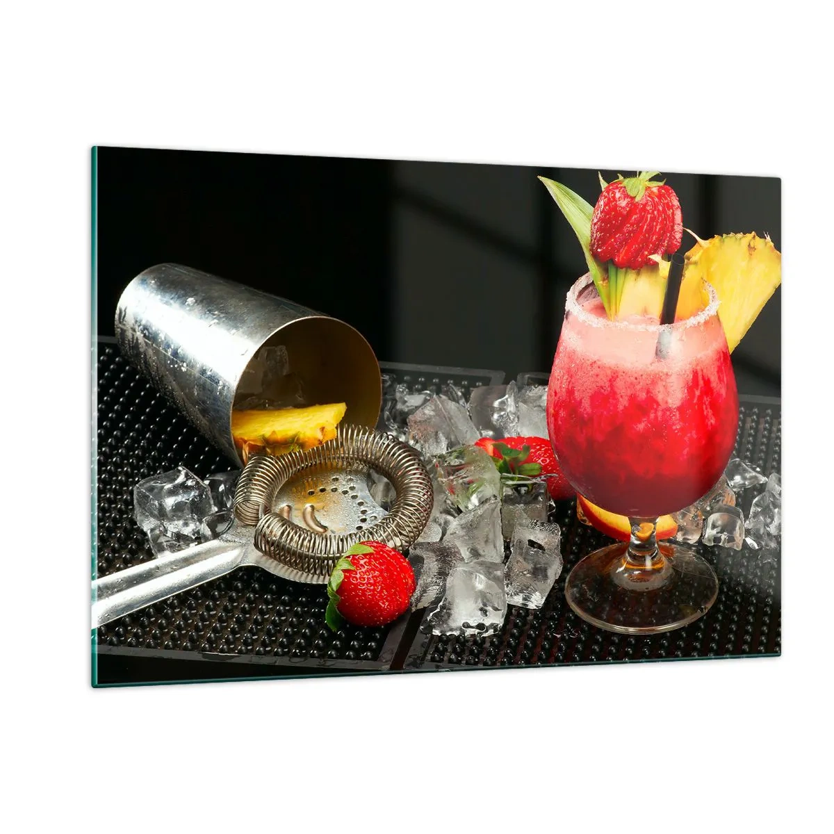 Impression sur verre - Image sur verre - Une boisson colorée avec des fruits et un shaker sur glace - 120x80cm - Envouter le goût - Décoration murale moderne pour le salon et la chambre ARTTOR