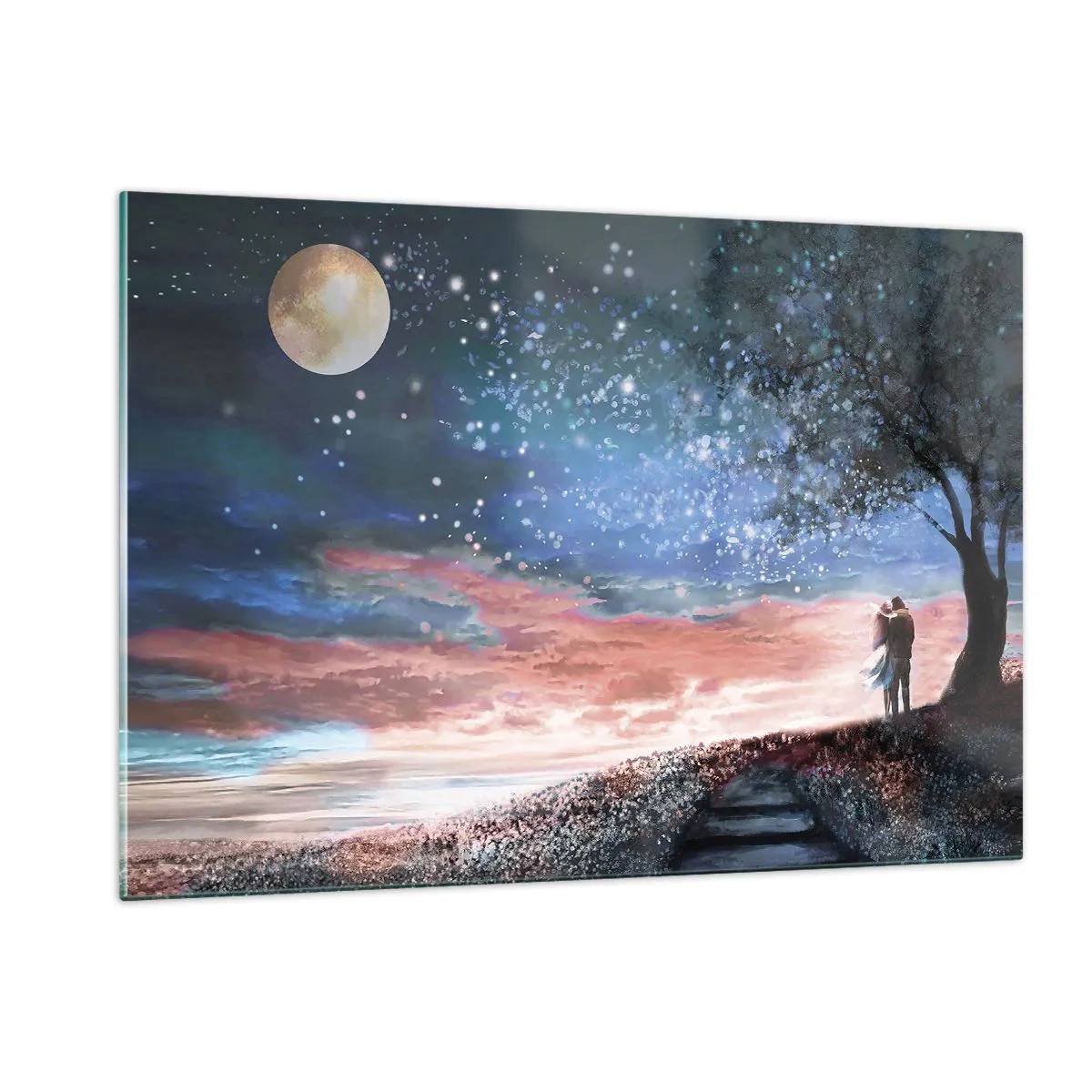 Impression sur verre - Image sur verre - Un couple amoureux sous un arbre avec la lune et les étoiles - 120x80cm - Spectacle étoilé - Décoration murale moderne pour le salon et la chambre ARTTOR