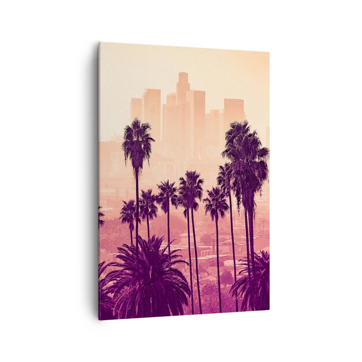 Impression sur toile - Image sur toile - Palmiers sur fond de paysage urbain aux couleurs chaudes - 70x100cm - Paysage californien - Décoration murale moderne pour le salon et la chambre ARTTOR