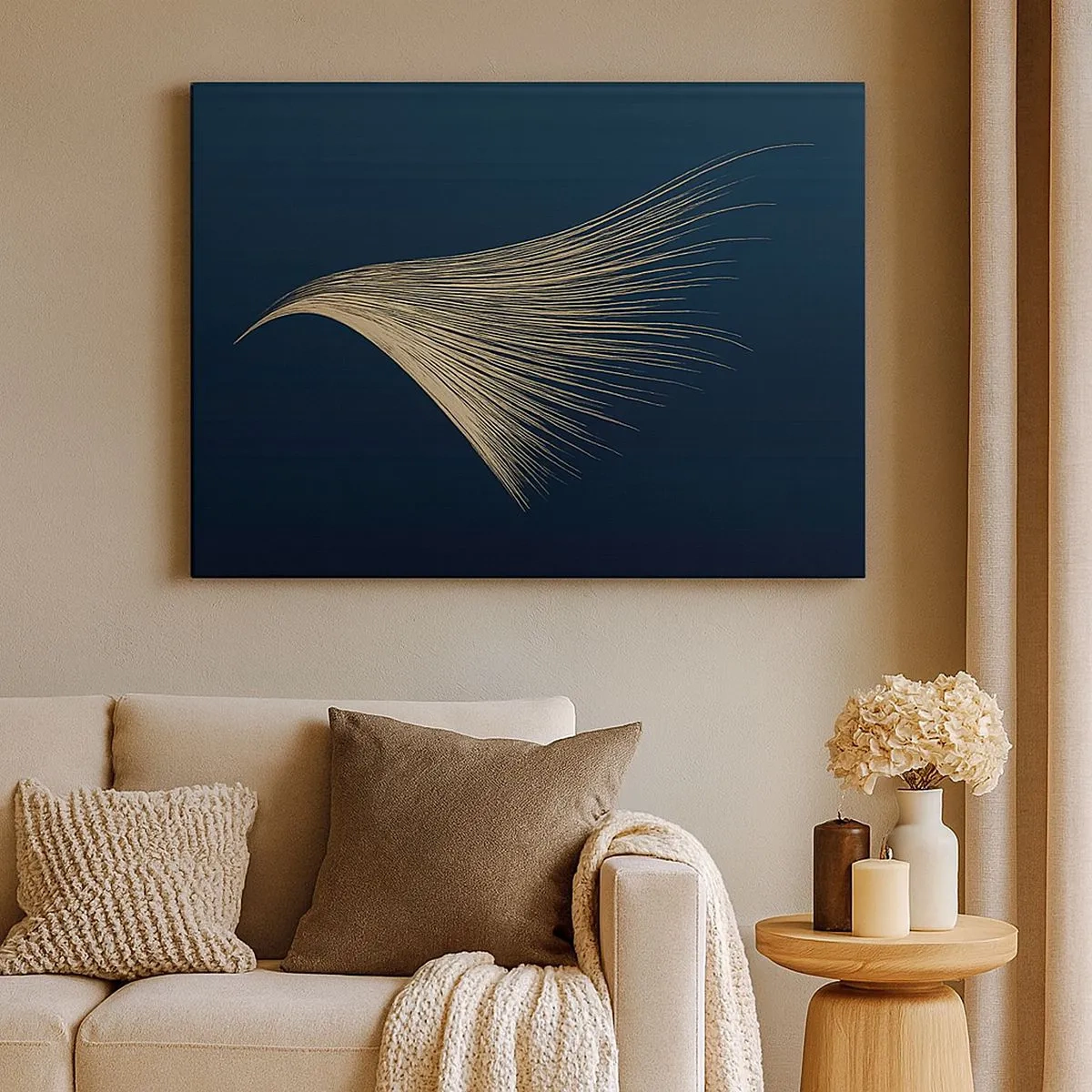 Impression sur toile - Image sur toile - Une ligne délicate en forme de plume sur un fond bleu marine - 70x50cm - Comme les cheveux d'un ange - Décoration murale moderne pour le salon et la chambre ARTTOR