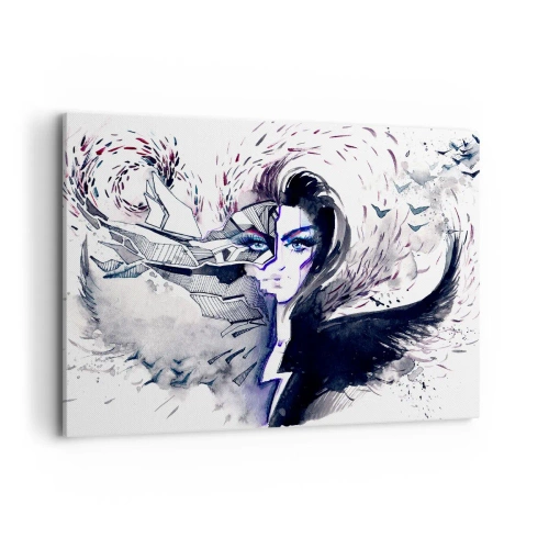 Impression sur toile - Image sur toile - Visage abstrait avec des éléments contrastés et un motif d'aile - 100x70cm - Démoniaque et belle - Décoration murale moderne pour le salon et la chambre ARTTOR