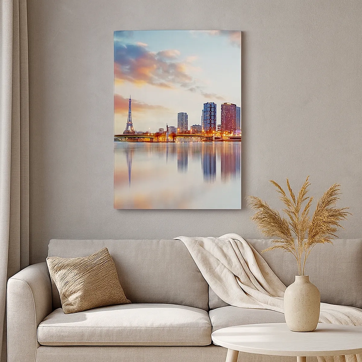 Impression sur toile - Image sur toile - Panorama des bâtiments modernes et de la Tour Eiffel au-dessus de l'eau - 50x70cm - La tranquillité monumentale de Paris - Décoration murale moderne pour le salon et la chambre ARTTOR