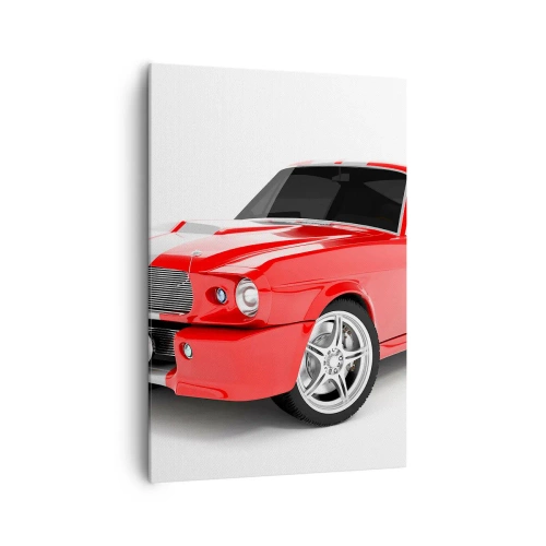 Impression sur toile - Image sur toile - Voiture de sport rouge à rayures blanches - 70x100cm - Une Mustang aussi rapide que le vent - Décoration murale moderne pour le salon et la chambre ARTTOR