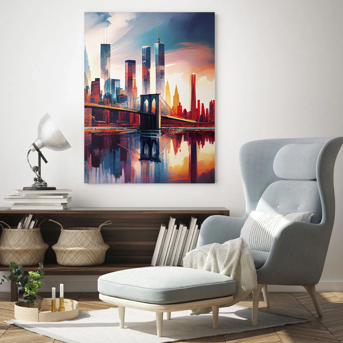 Impression sur verre - Image sur verre - Panorama de la ville de New York avec pont et reflet dans l'eau - 70x100cm - New York onirique - Décoration murale moderne pour le salon et la chambre ARTTOR