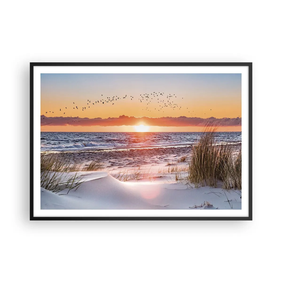 Affiche dans un cadre noir - Poster - Coucher de soleil sur la mer avec vue sur les dunes - 100x70cm - Paysage horizontal - Décoration murale moderne pour le salon et la chambre ARTTOR