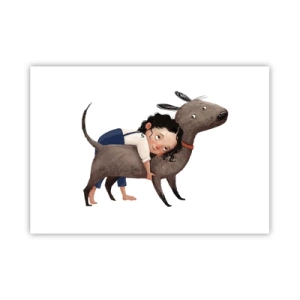 Affiche - Poster - Illustration de style dessin animé d'un enfant serrant un chien dans ses bras - 100x70cm - Les meilleurs amis - Décoration murale moderne pour le salon et la chambre ARTTOR