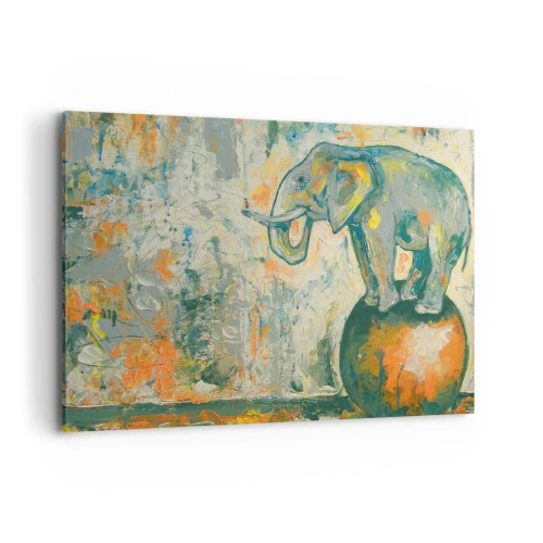 Impression sur toile - Image sur toile - Un éléphant en équilibre sur une balle dans un style artistique - 120x80cm - Que vive le cirque ! - Décoration murale moderne pour le salon et la chambre ARTTOR