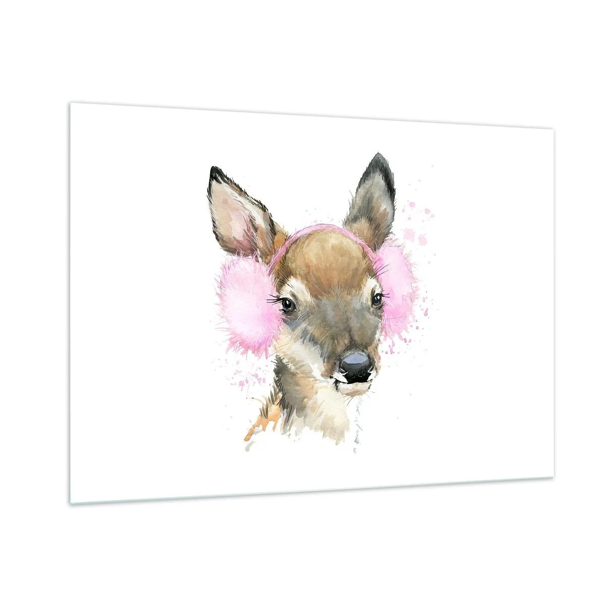 Impression sur verre - Image sur verre - Un cerf avec des cache-oreilles en fourrure rose - 100x70cm - Et le gel n'effraie plus - Décoration murale moderne pour le salon et la chambre ARTTOR