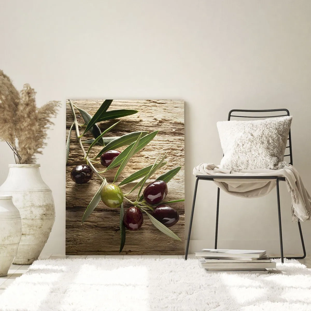 Impression sur verre - Image sur verre - Branche d'olivier sur fond de bois - 50x70cm - Directement de la nature - Décoration murale moderne pour le salon et la chambre ARTTOR