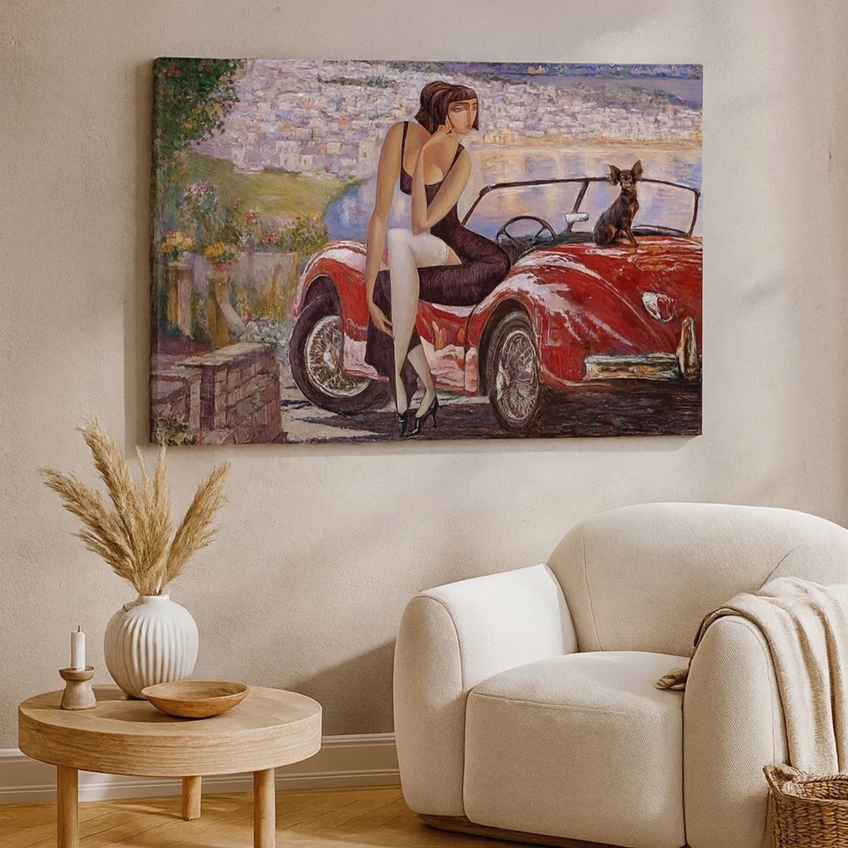Impression sur toile - Image sur toile - Une femme près d'une voiture rouge avec une ville en arrière-plan - 70x50cm - L'été? Uniquement sur la Côte d'Azur - Décoration murale moderne pour le salon et la chambre ARTTOR