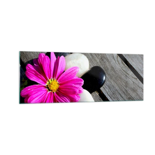 Impression sur verre - Image sur verre - Fleur rose sur un fond de planches de bois avec des pierres - 140x50cm - Repos sur la jetée - Décoration murale moderne pour le salon et la chambre ARTTOR