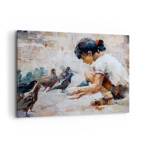 Impression sur toile - Image sur toile - Une fille nourrissant des oiseaux dans un style pictural - 120x80cm - Les plus petits et les plus gentils - Décoration murale moderne pour le salon et la chambre ARTTOR
