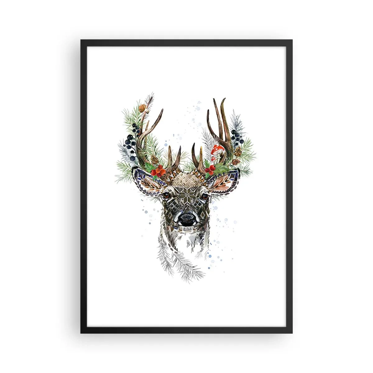 Affiche dans un cadre noir - Poster - Cerf décoratif avec ornements et accents floraux - 50x70cm - En robe de fête - Décoration murale moderne pour le salon et la chambre ARTTOR