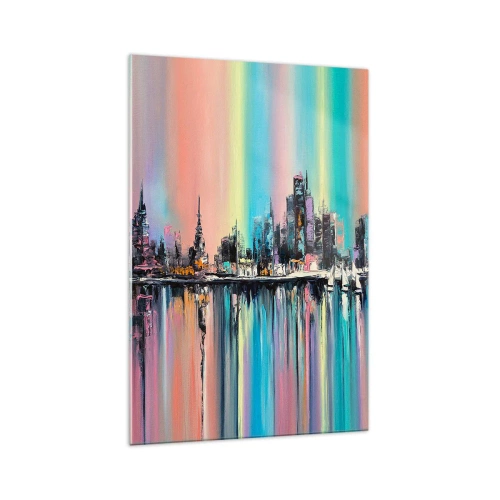 Impression sur verre - Image sur verre - Paysage urbain coloré avec reflet sur l'eau - 70x100cm - Noyé par la lumière de la nuit - Décoration murale moderne pour le salon et la chambre ARTTOR