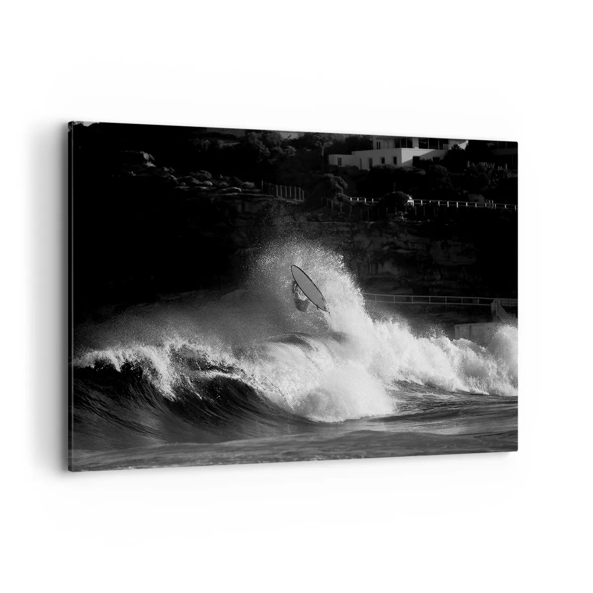 Impression sur toile - Image sur toile - Un surfeur sur une vague en monochrome - 120x80cm - Défi accepté! - Décoration murale moderne pour le salon et la chambre ARTTOR