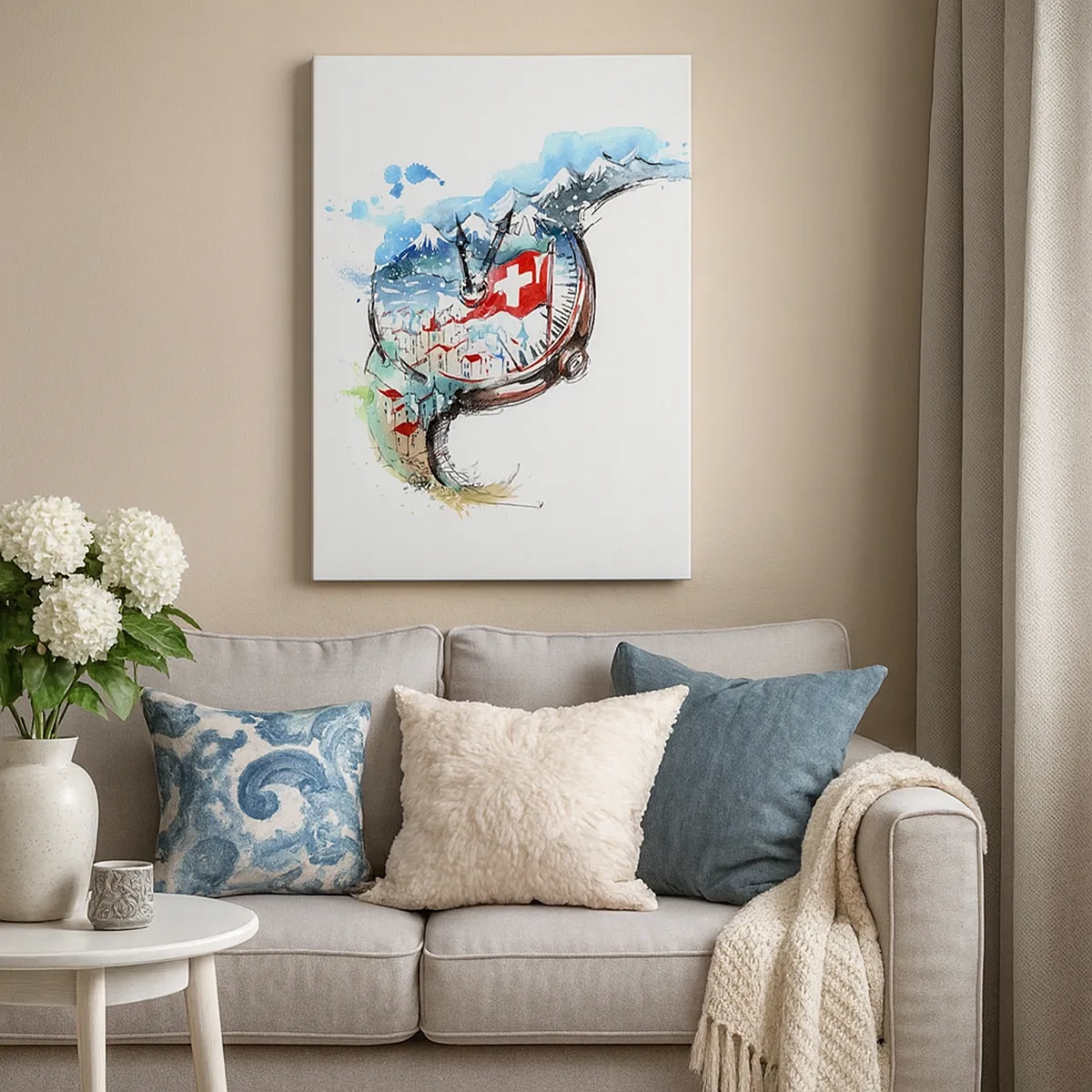 Impression sur toile - Image sur toile - Un paysage aquarelle de la Suisse dans un design d'horlogerie - 50x70cm - L'esprit de la Suisse - Décoration murale moderne pour le salon et la chambre ARTTOR