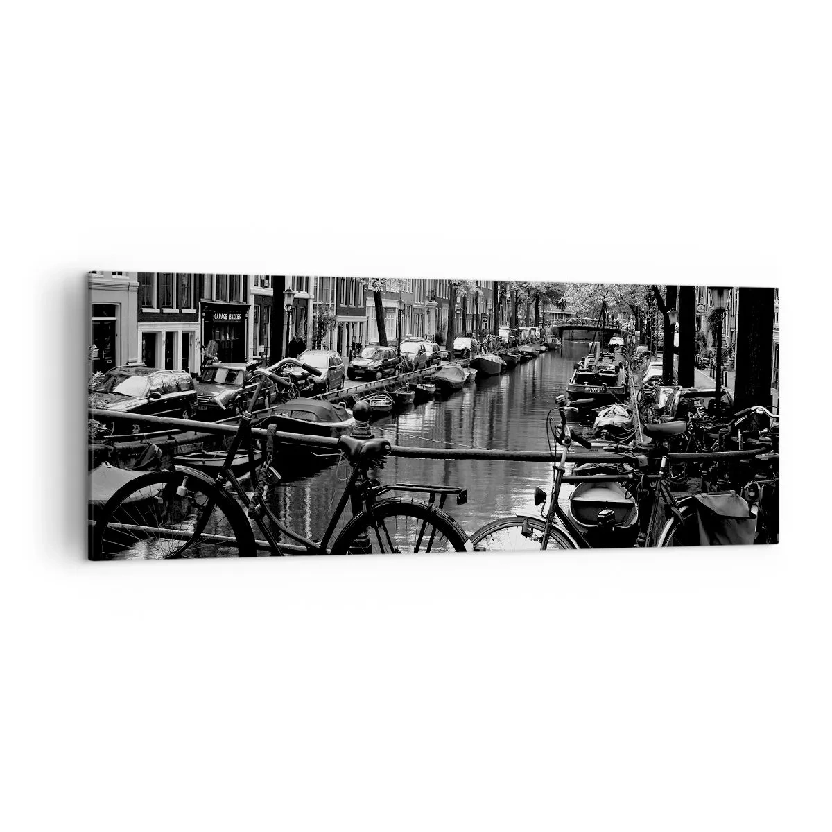Impression sur toile - Image sur toile - Canal avec des vélos en photographie noir et blanc - 140x50cm - Une vue très hollandaise - Décoration murale moderne pour le salon et la chambre ARTTOR