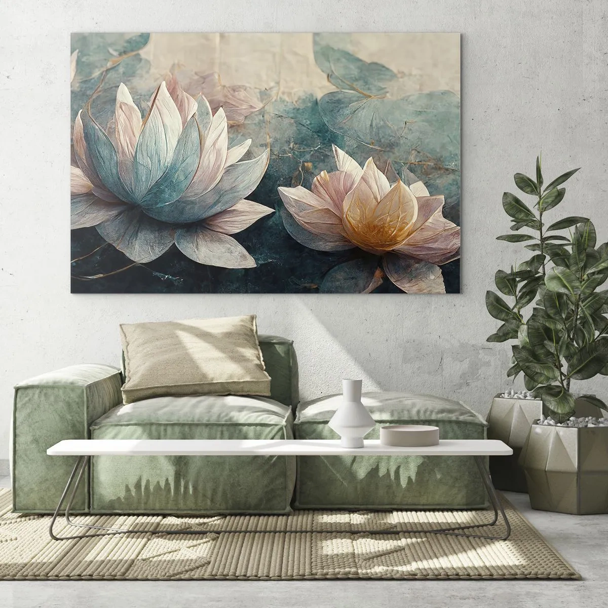 Impression sur verre - Image sur verre - Représentation artistique de fleurs de lotus sur fond de feuilles d'eau. - 100x70cm - Les étoiles du lac - Décoration murale moderne pour le salon et la chambre ARTTOR