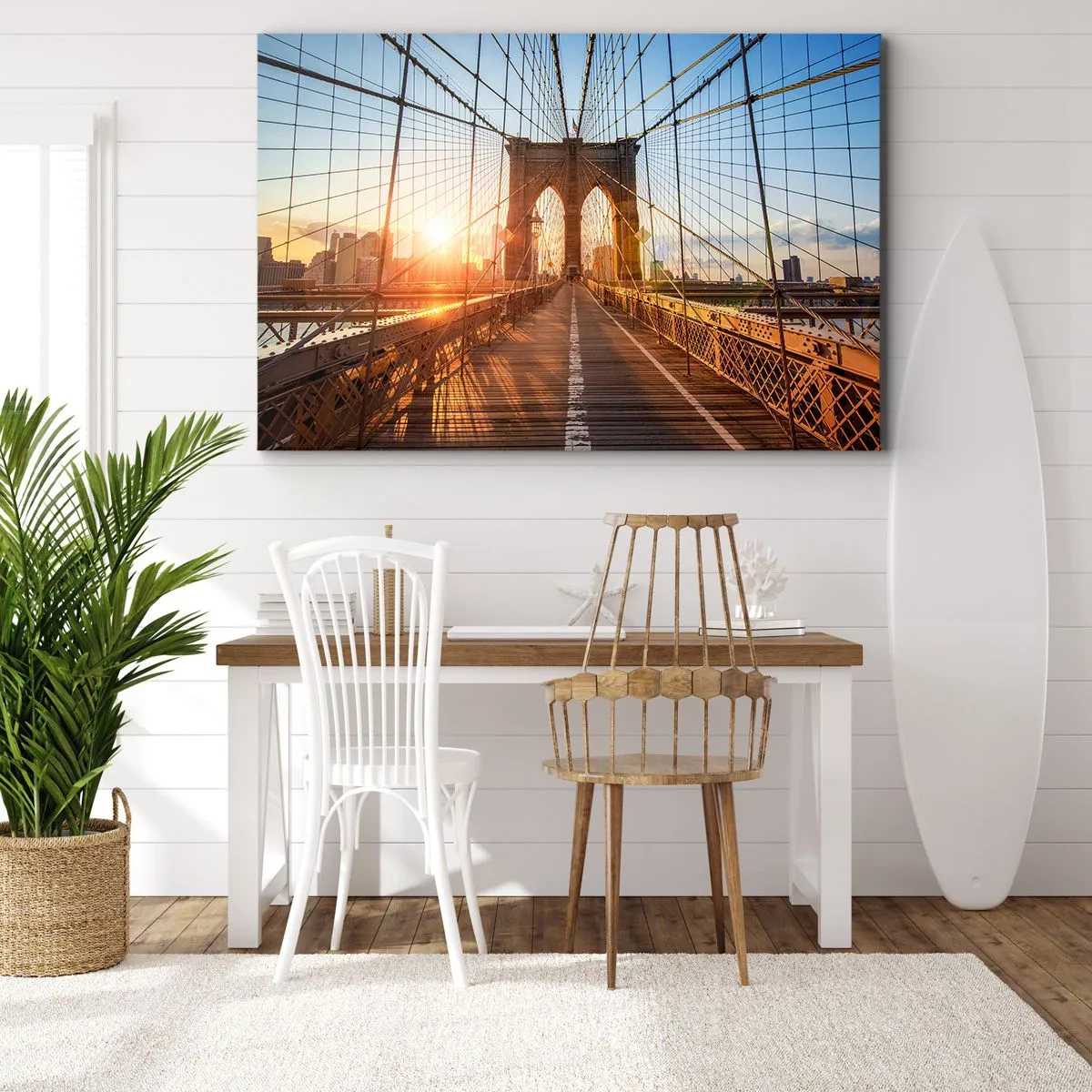 Impression sur toile - Image sur toile - Le pont à la lumière du soleil couchant avec vue sur la ville - 100x70cm - Sur le pont d'or - Décoration murale moderne pour le salon et la chambre ARTTOR