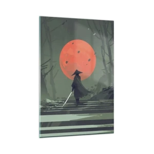 Impression sur verre - Image sur verre - Un guerrier solitaire avec une épée sur fond de lune rouge dans une forêt sombre. - 80x120cm - Guerrier de la lune rouge - Décoration murale moderne pour le salon et la chambre ARTTOR