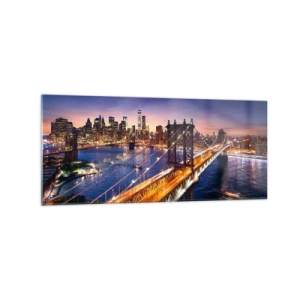 Impression sur verre - Image sur verre - Le pont et le panorama de la ville au coucher du soleil - 120x50cm - Un pont lumineux au cœur de la ville - Décoration murale moderne pour le salon et la chambre ARTTOR