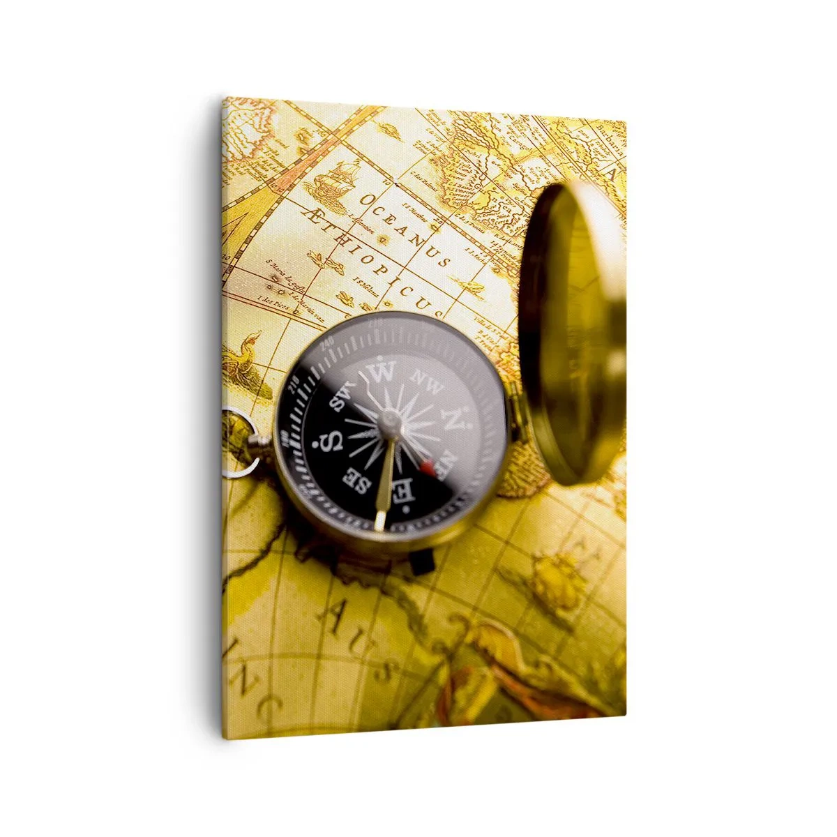 Impression sur toile - Image sur toile - Une boussole antique sur fond d'une vieille carte du monde - 50x70cm - Ou peut-être jusqu'au bout du monde ? - Décoration murale moderne pour le salon et la chambre ARTTOR